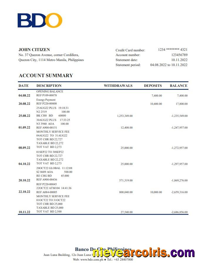 Philippines BDO bank statement xls